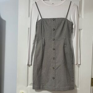 Elegant Gray Checkered Long Sleeve Dress